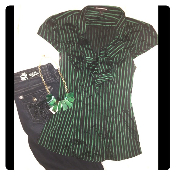 Express Tops - Express Green and Black stripe faux Button top